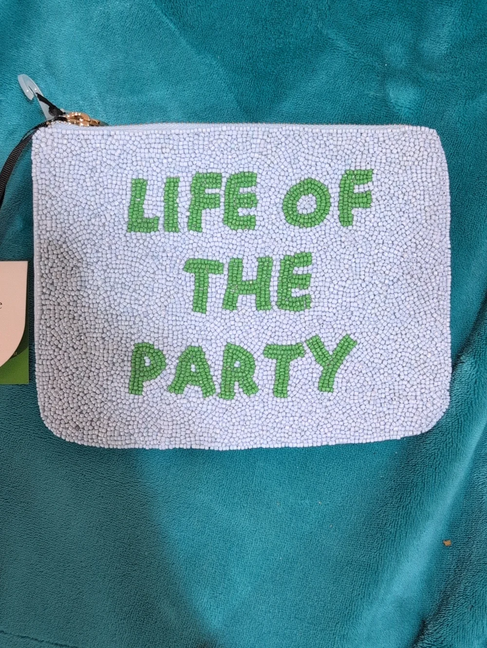 kate spade And Target Collab Blue Beaded Pouch with Green Lettering
